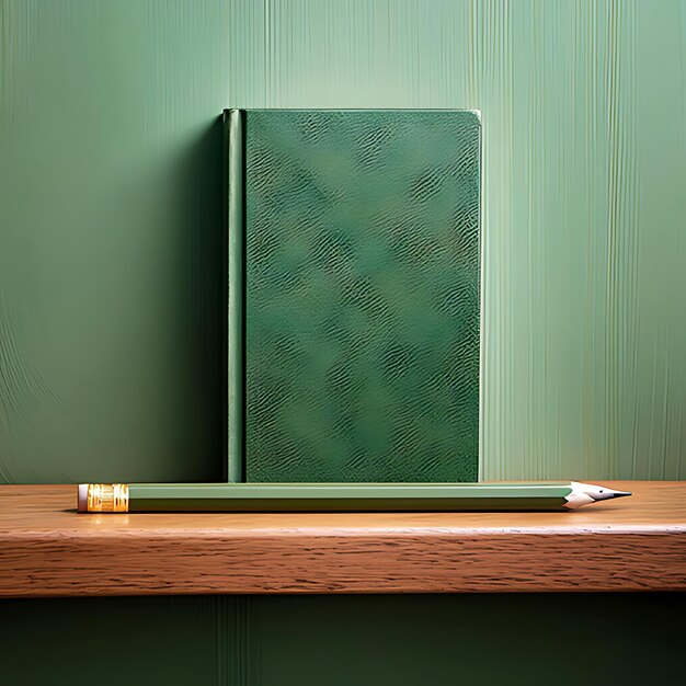 Photo a green book with a pen on a wooden shelf