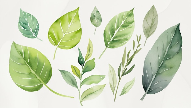 Green botanical leaves watercolor set isolated on white background