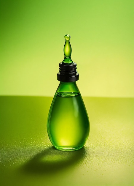 a green bottle of olive oil with a black cap