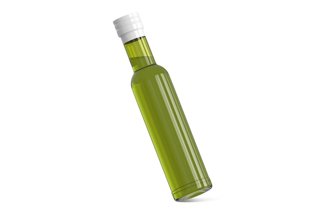 A green bottle of olive oil with a white cap.