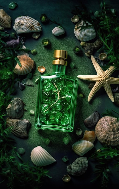 Green bottle of perfume with a green bottle of green liquid surrounded by shells and sea shells.