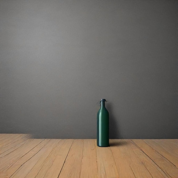 Photo a green bottle sits on a wooden floor with a black wall behind it