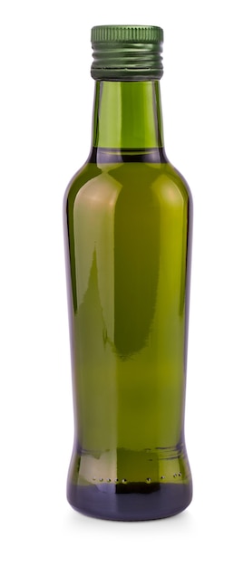 The green bottle with olive oil on white background