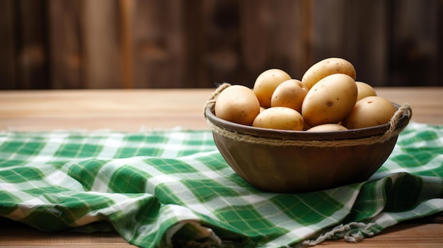 A green bowl filled with potatoes next to a basket