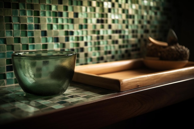 A green bowl is on a counter in front of a wooden tray.