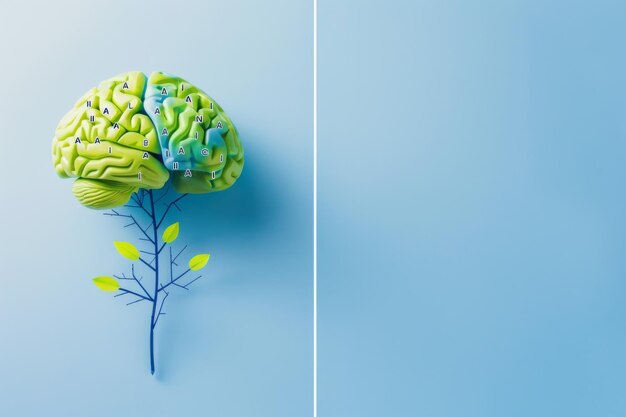 Photo green brain with a blue stem on a light blue background symbolizing growth and artificial intellige