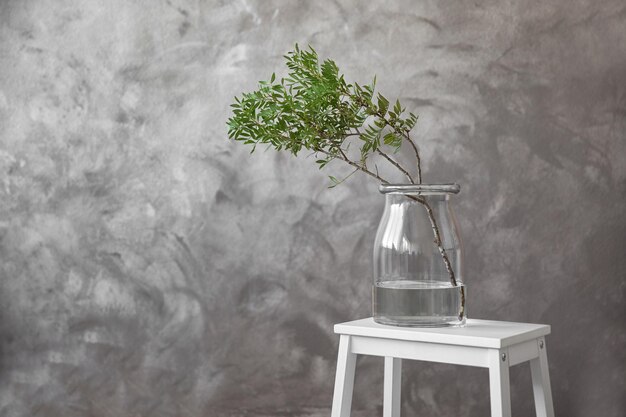 Green branch with leaves in glass vase on grey background