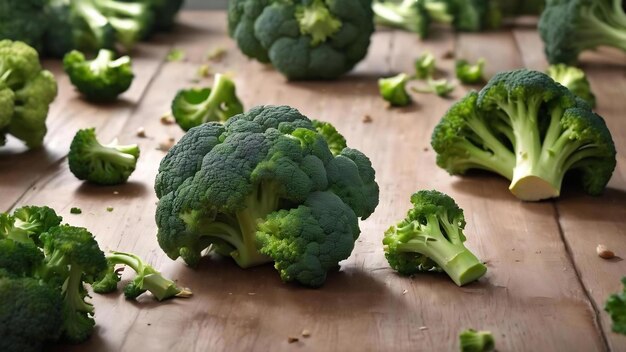 Green broccoli scattered on table