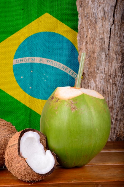 Green and Brown Coconuts with Brazilian Flag