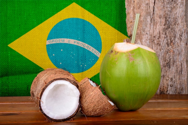 Green and Brown Coconuts with Brazilian Flag