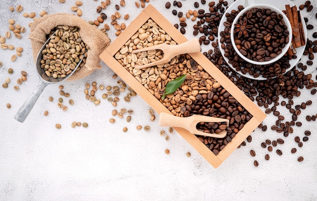 Green and brown decaf unroasted and dark roasted coffee beans in wooden box with scoops setup on white concrete.