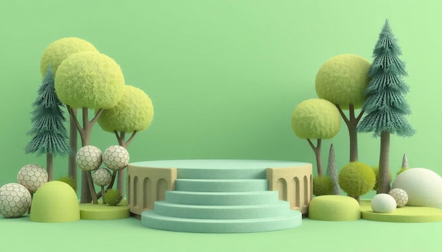 Green and brown pedestal with steps surrounded by trees and spheres on a green background