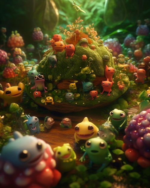 A green and brown scene with a bunch of cartoon monsters on it.