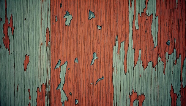 a green and brown wood surface with a red and green paint peeling off