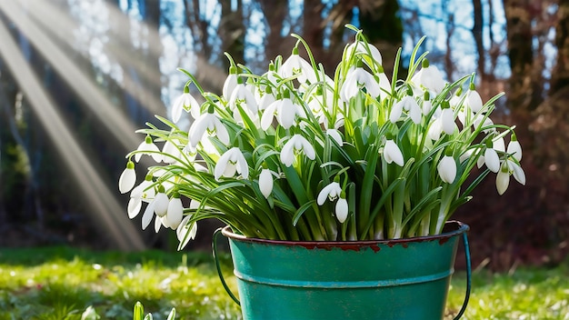 a green bucket of flowers with the word lily on it