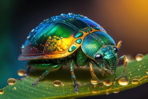 Green bug sitting on leaf with drops of water on it Macro