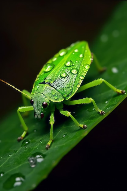 Green bug sitting on top of green leaf covered in water droplets Generative AI