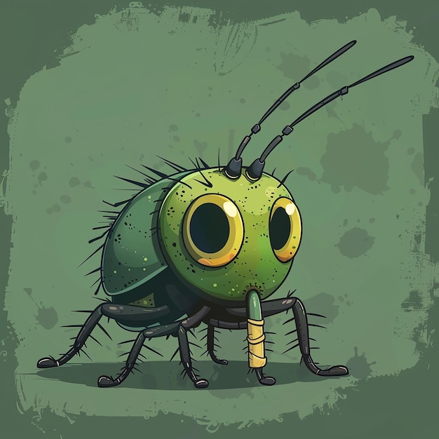 a green bug with a big yellow eyes and a big nose