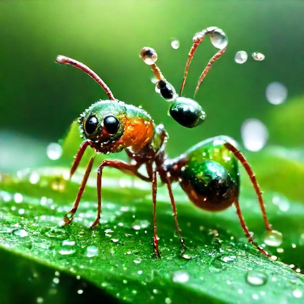 a green bug with a green face is on a green leaf