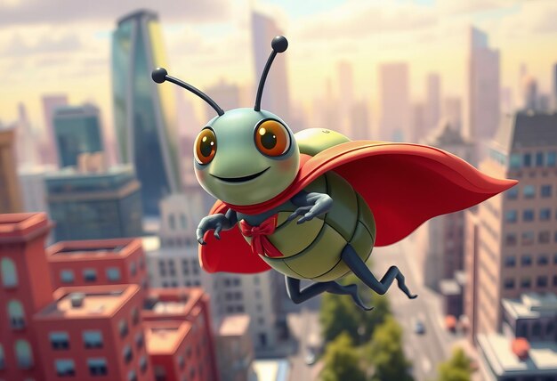 Photo a green bug with a red cape flying over a city