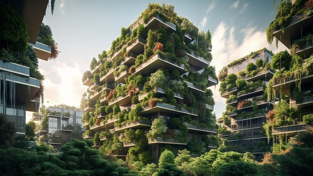 The green building is a green building with plants growing on it.