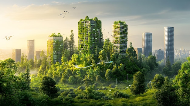 a green building with a green facade and a flock of birds flying above it