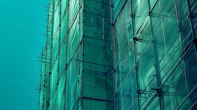 a green building with a green glass window that says quot e quot