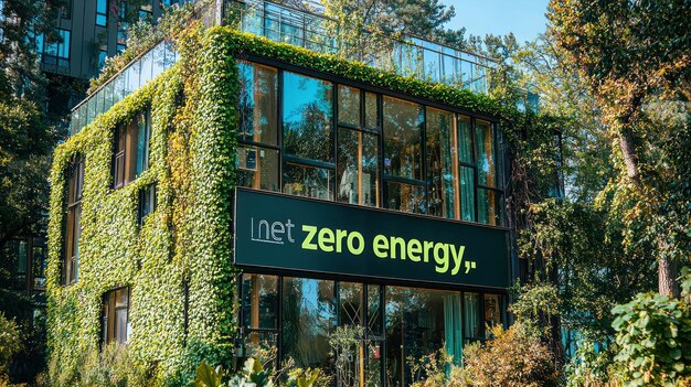 Photo a green building with a sign reading net zero energy surrounded by trees and nature