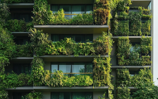 Green building with vertical gardens and solar panels