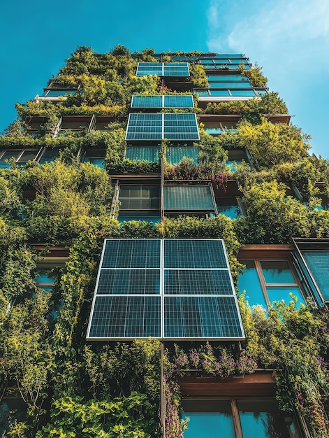 Green building with vertical gardens and solar panels