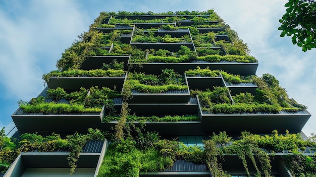 Green building with vertical gardens and solar panels