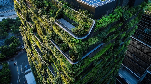 Green building with vertical gardens and solar panels