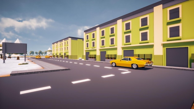 Green buildings in the street with car an road a landscape of city virtual in low polygon 3D render