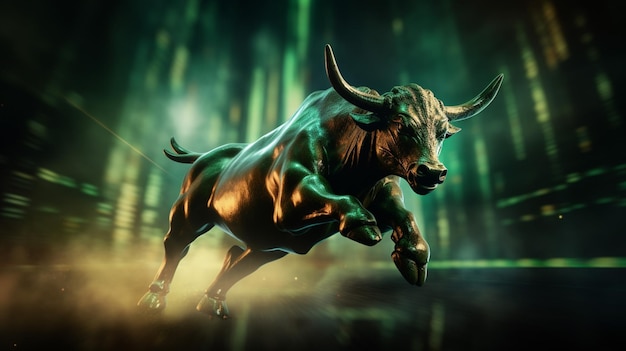 Photo green bull market run on border upward presents uptrend stock market financial and business concept