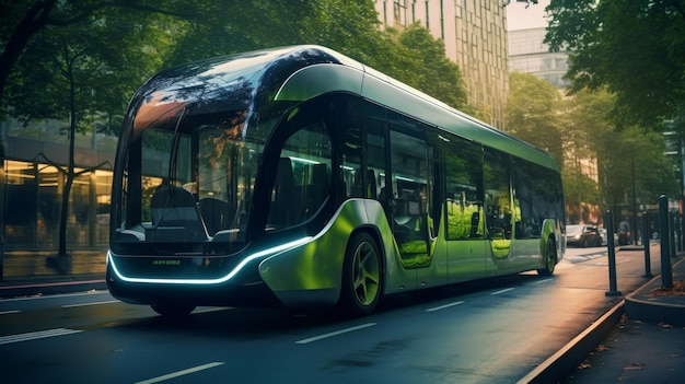 A Green Bus Driving Down a Street Next to Tall Buildings