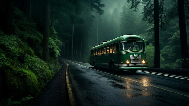 Green bus on forest road Generative AI