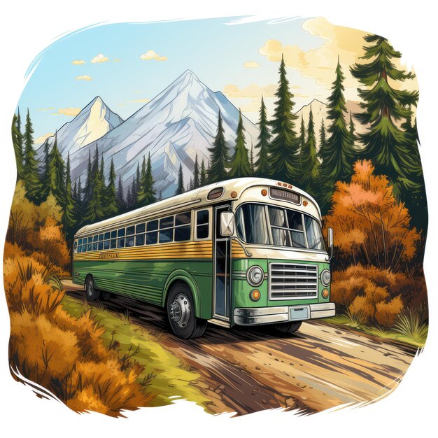 a green bus in forest