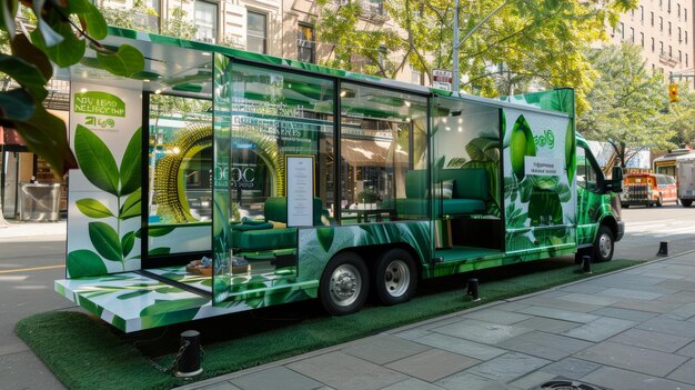 a green bus with the word leaf on it is advertising a tree