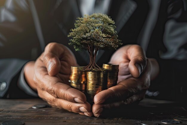 Green Business Investment Tree Growing on Coin Stack