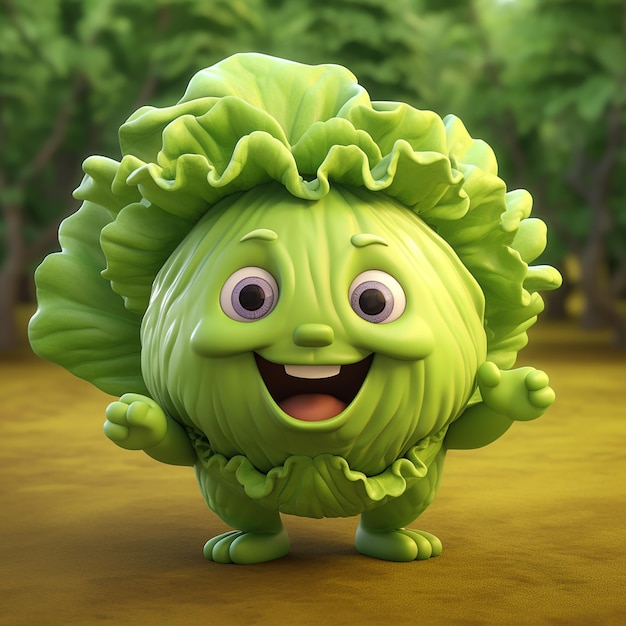 A green cabbage figure with a green head and purple eyes is standing in a forest.