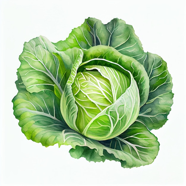 Green cabbage green color cabbage hand drawn in watercolor on a white background