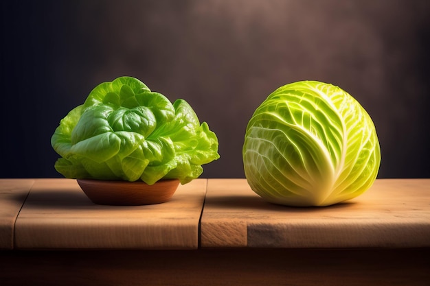 A green cabbage and a small green cabbage on a wooden table.