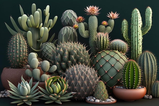 Green Cacti Collection Illustration Generative AI