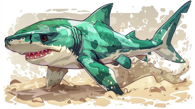 Green Camo Shark Emerging From the Sand