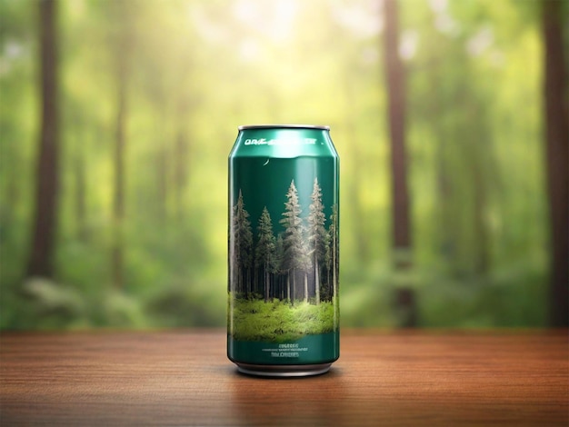 a green can of snow trees is on a table