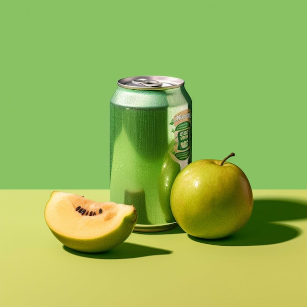 Green can with apple and melon on green background Concept of healthy eating