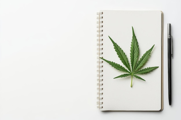 A green cannabis leaf placed on a blank notebook beside a pen symbolizing creativity and nature in writing