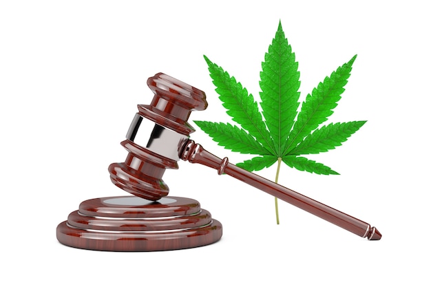 Green Cannabis Leaf with Red Wooden Judge Gavel on a white background. 3d Rendering