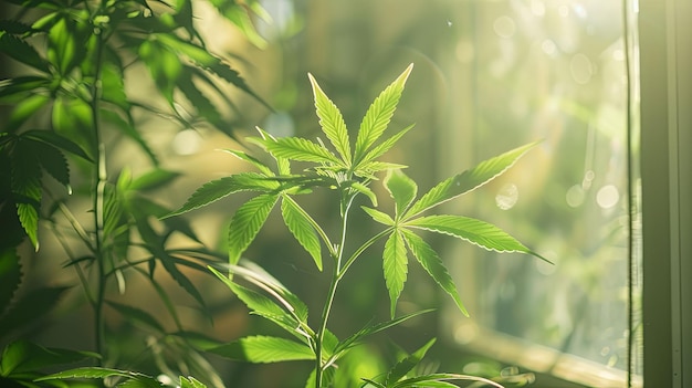 Green Cannabis Plant by Window in Sunlight