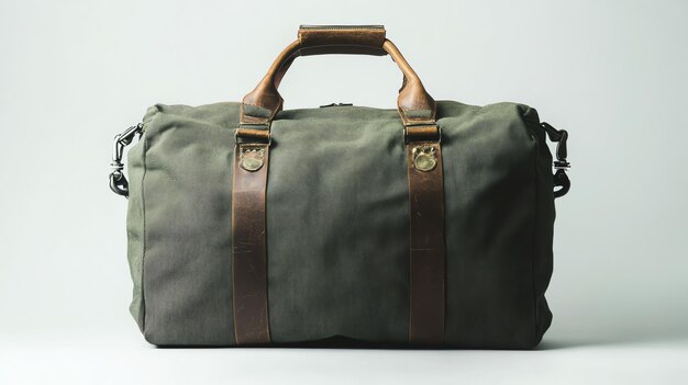 Photo a green canvas duffel bag with brown leather accents and a white background